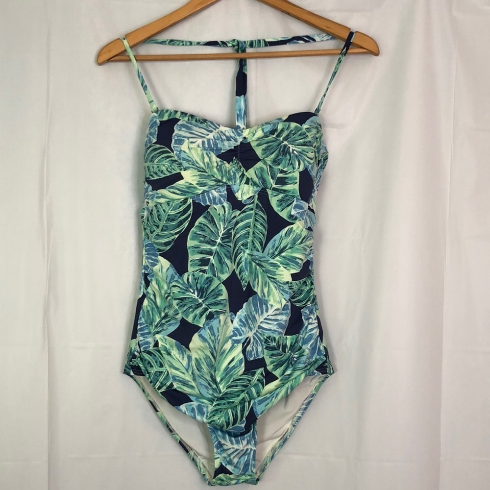 J. McLaughlin Green/Blue Tropical Leaves One Piece Swimsuit Size 10